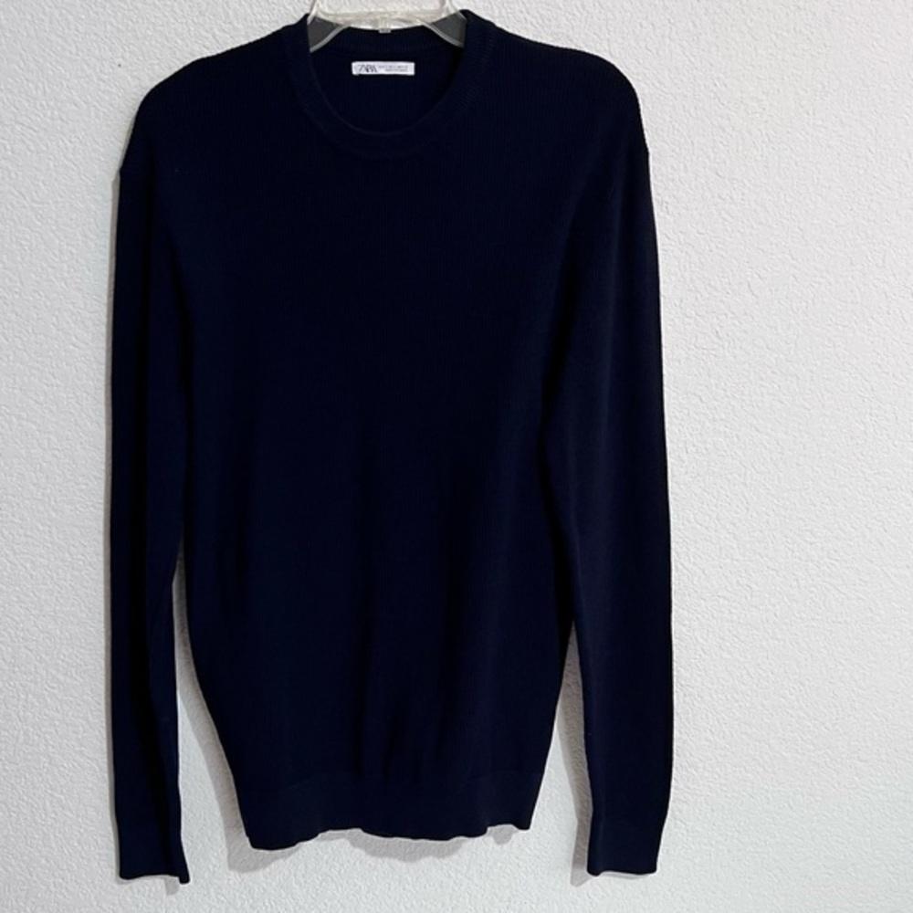 Zara Navy Blue Textured Knit Crew Neck Pullover Sweater Large